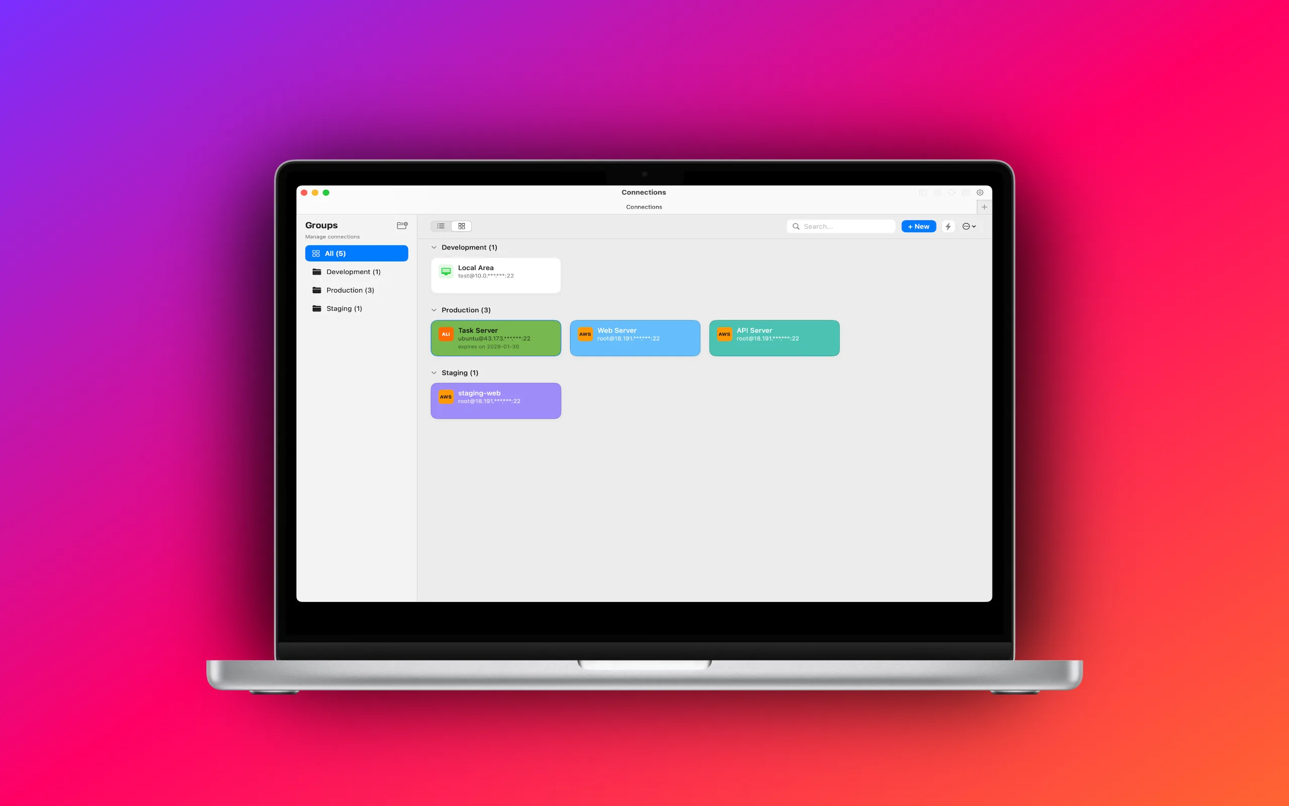 TapShell connection hub with grouped servers and card view