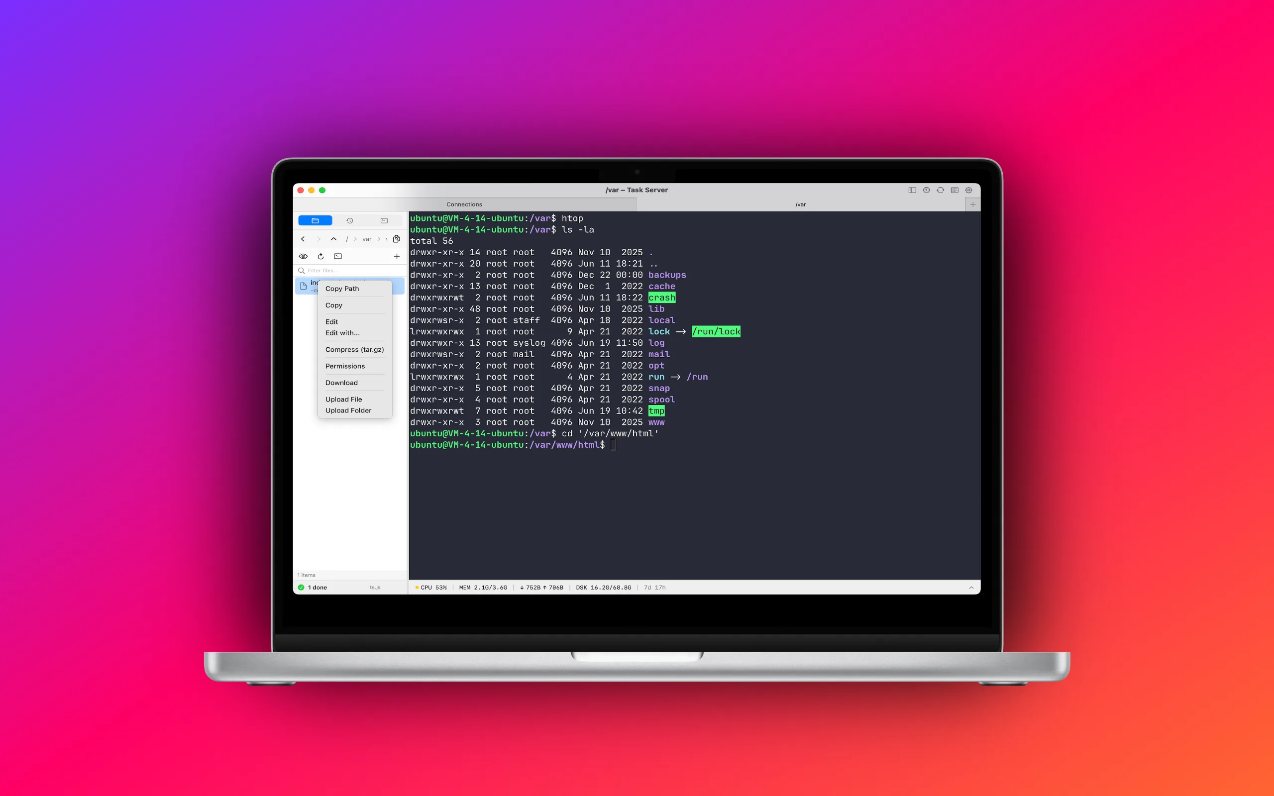 TapShell SFTP file browser in the sidebar