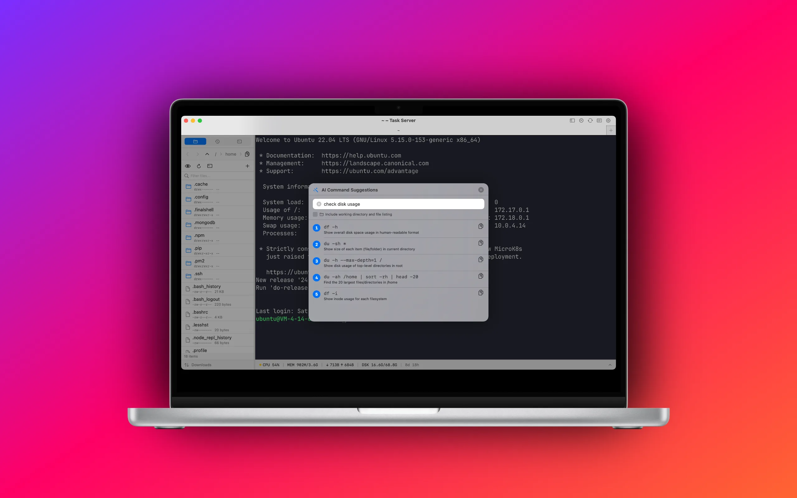 TapShell AI command suggestions panel